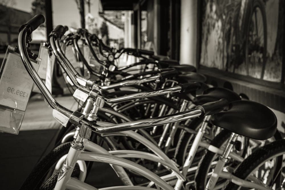 A row of bicycles lined up inside a bike shop