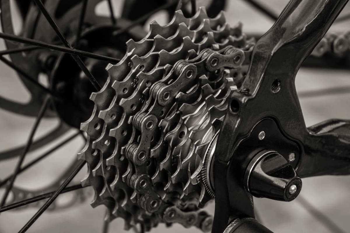 Close detail of a bicycle rear derailleur and cassette