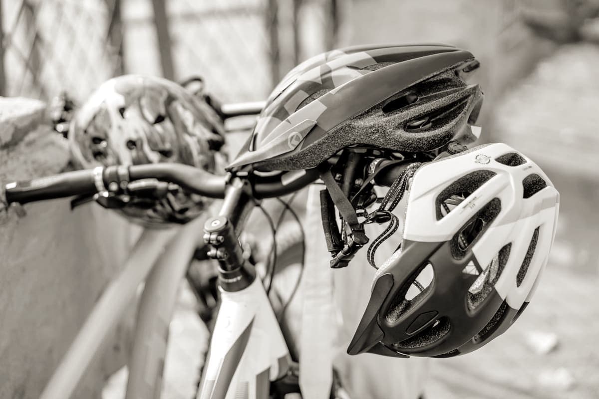 A bicycle helmet resting on a flat surface